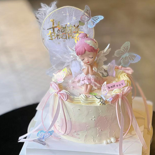 粉色贝拉公主蛋糕装饰摆件女孩生日周岁羽毛HB幻彩蝴蝶装扮插件