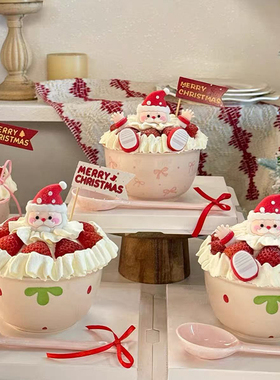 网红创意圣诞节快乐粉色蝴蝶结陶瓷碗蛋糕装饰可爱kt猫草莓碗摆件