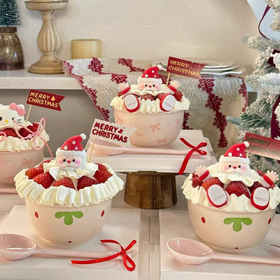 网红创意圣诞节快乐粉色蝴蝶结陶瓷碗蛋糕装饰可爱kt猫草莓碗摆件