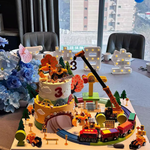 儿童男孩生日蛋糕装饰山洞隧道工程轨道电动火车路障汽车装扮摆件