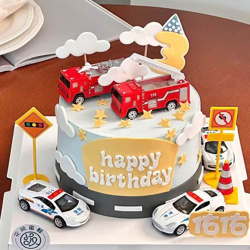 警车蛋糕装饰摆件 儿童生日警务车救护车消防员警察人偶 装扮插件
