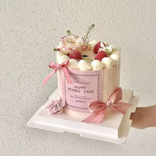3.8女神节快乐粉色贴纸蛋糕装饰玫瑰花头透明围边蝴蝶结丝带装扮