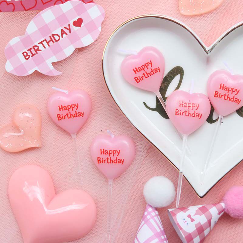韩国复古粉色爱心形生日快乐蜡烛桃心HB英文生日派对蛋糕装饰蜡烛