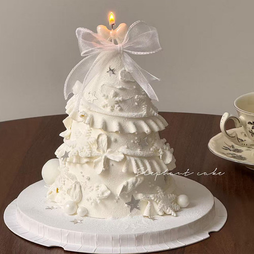 2025圣诞节珠光白蝴蝶结蜡烛许愿树蛋糕装饰插件银色星星烘焙装扮
