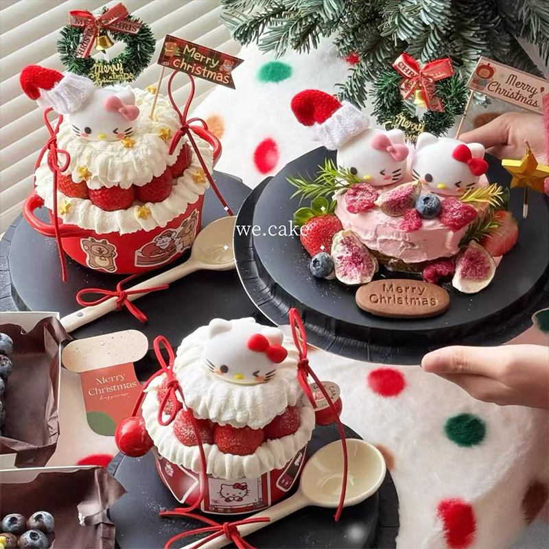 网红圣诞节快乐Hellokitty猫草莓碗蛋糕装饰摆件圣诞草圈装扮插件