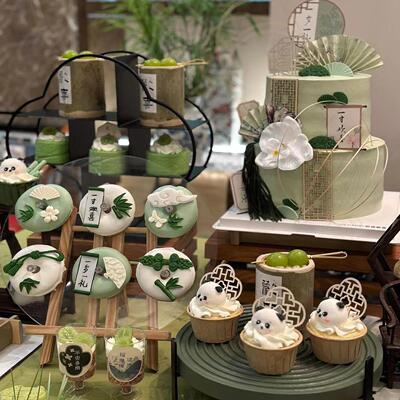 新中式墨绿竹林古风宝宝周岁宴甜品蛋糕装饰古风折扇竹子纸杯插件