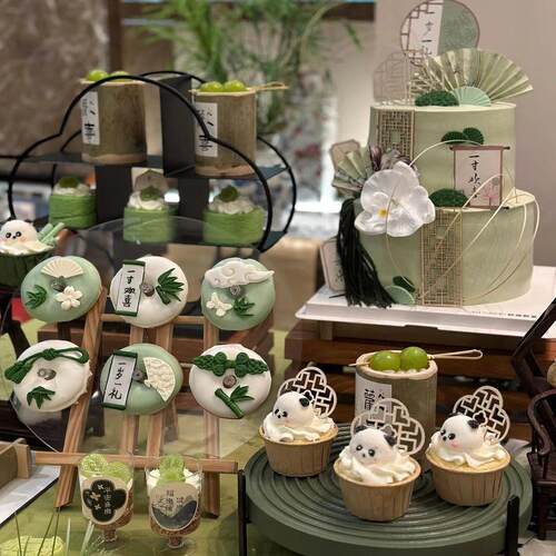 新中式墨绿竹林古风宝宝周岁宴甜品蛋糕装饰古风折扇竹子纸杯插件