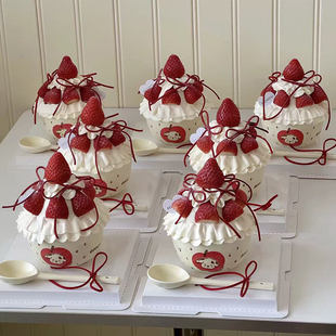 2025网红圣诞新年红色苹果小狗草莓碗蛋糕装 扮摆件 饰蝴蝶结KT猫装