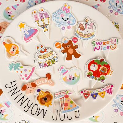 网红复古ins风泡芙塔卡通小熊小花云朵笑脸HBD横幅创意甜品台插卡