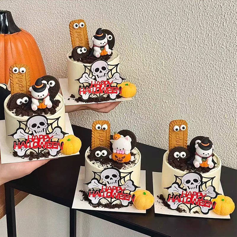 2025新款蜘蛛网眼珠糖蛋糕装饰巫师帽南瓜幽灵小熊烘焙装扮摆件