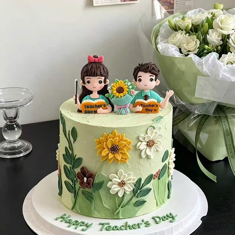 开学季教师节蛋糕装饰向日葵花束软陶讲台男女老师烘焙装扮插件图片