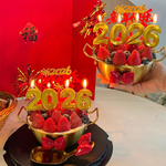 2026新年快乐不锈钢双耳金色盆草莓蛋糕装饰跨年数字蜡烛装扮插件