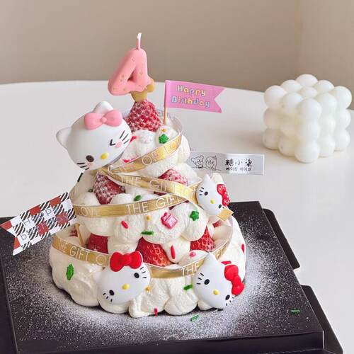 网红卡通KT猫蛋糕装饰儿童男孩女孩生日蝴蝶结凯蒂猫烘焙派对插件