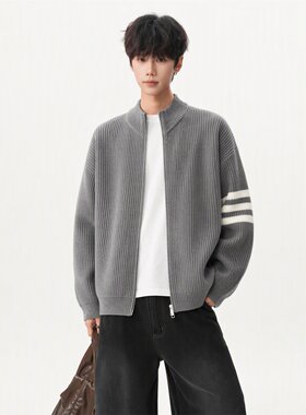 老钱风立领拉链男针织开衫春秋