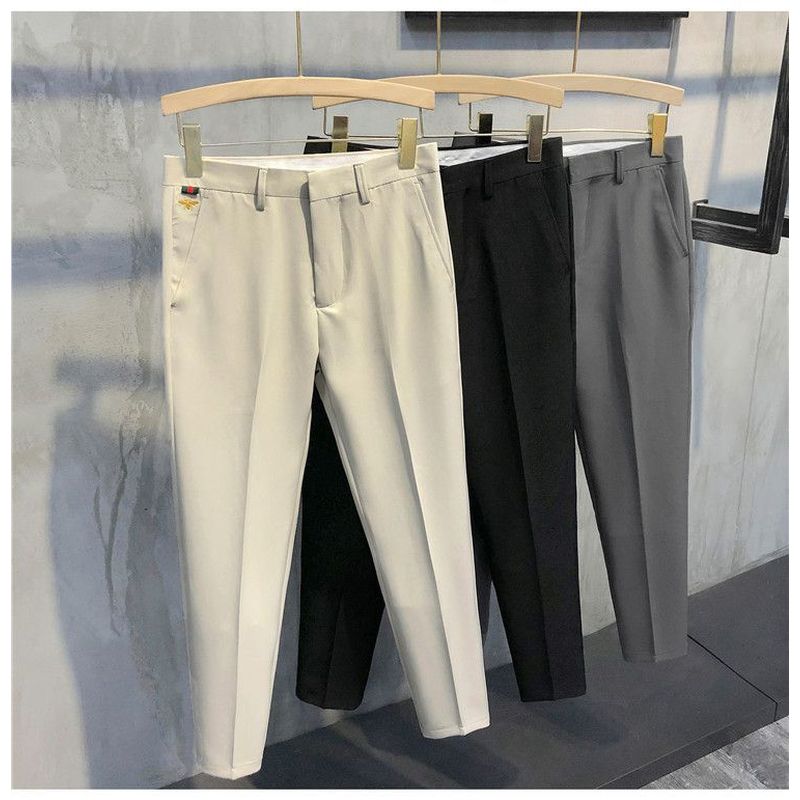 春夏新款西裤男免烫潮流小蜜蜂刺绣休闲西裤修身英伦风9九分裤子