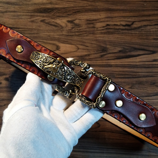 手工制作实心纯铜马头骑兵扣皮带个性手工头层牛皮皮带男真皮腰带