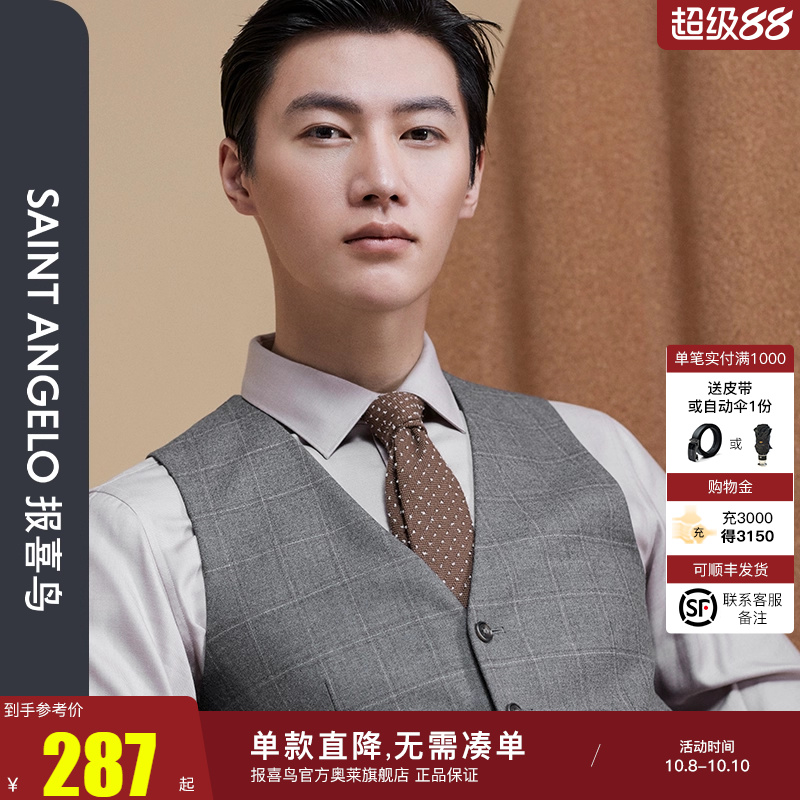 报喜鸟2024秋季新款男士商务休闲西装马甲修身格纹单排扣羊毛马甲