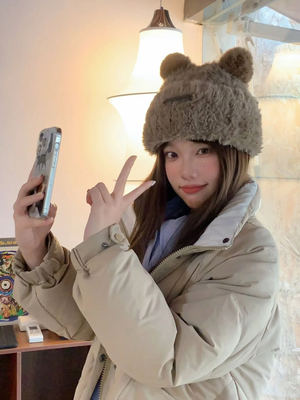 小熊耳朵雷锋帽保暖护耳东北方长白山滑雪穿搭帽子毛绒保暖毛线帽