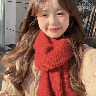 鬼怪同款安哥拉红色围巾女冬季洋气好看节日氛围感针织毛线围脖
