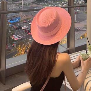 少女心粉色草帽女夏遮阳防晒平顶礼帽海边度假风出游沙滩帽子减龄