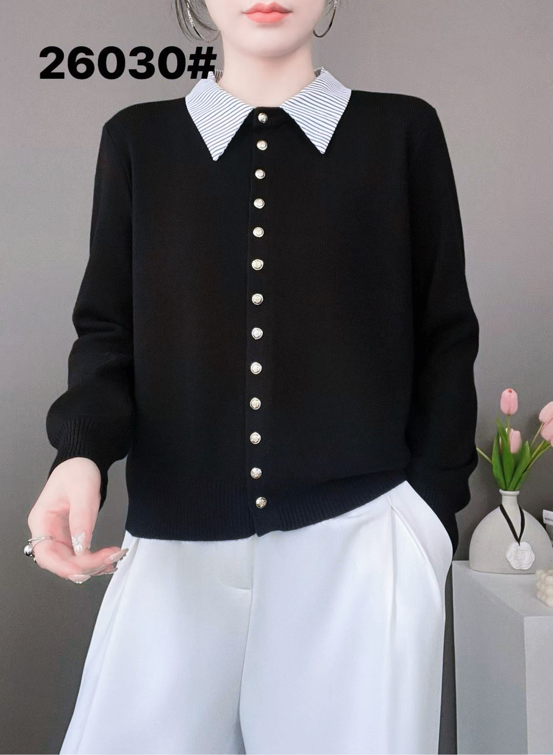 2026春季新款时尚翻领单排扣针织开衫女短款小个子毛衣外套