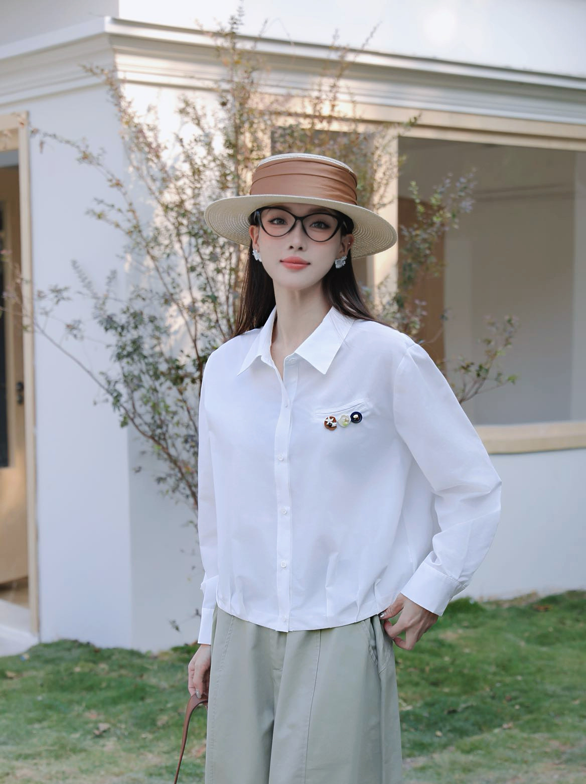 小个子短款翻领花苞衬衫2026春季新款白色休闲宽松百搭长袖衬衣女