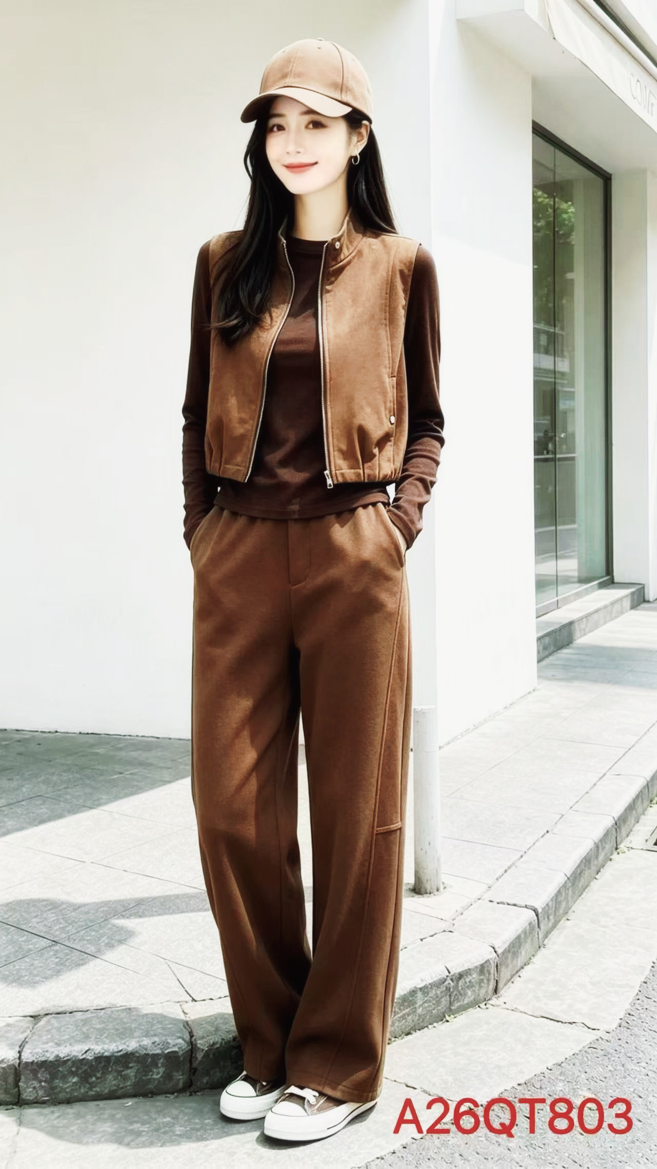 长袖打底运动套装女2026秋季新款时尚休闲马甲百搭小直筒裤三件套