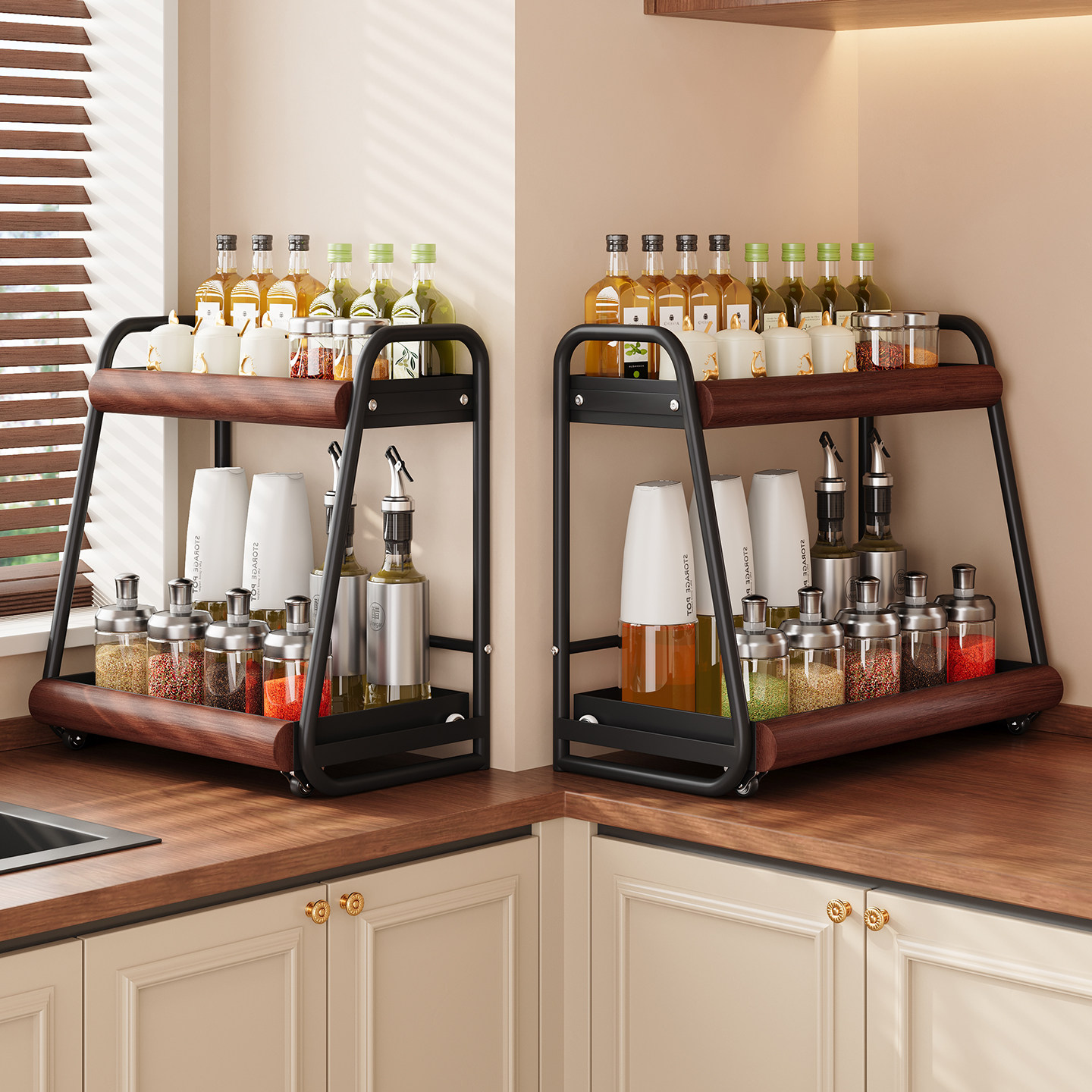 2026新款抽拉式厨房调料品置物架多功能台面调料瓶罐双层收纳架