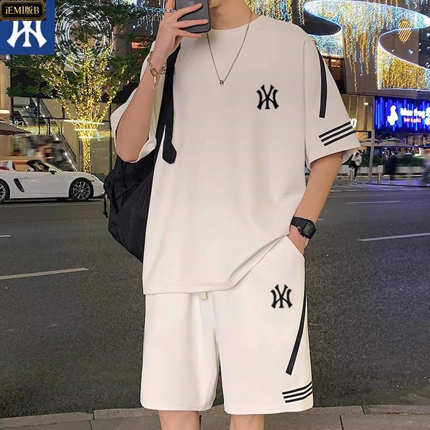 品牌NIB对版休闲运动套装夏季圆领短袖短裤男士两件套宽松透气T恤