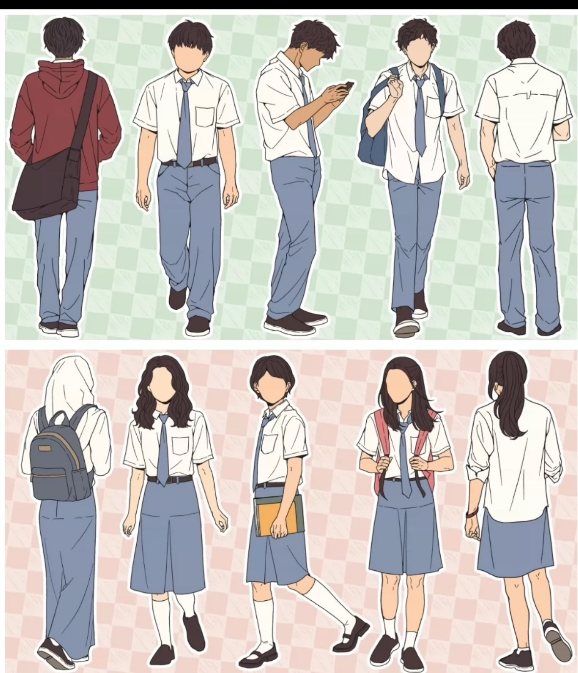 csp笔刷 40个路人学生 clip源文件 多种角度正面背面侧面不是笔刷