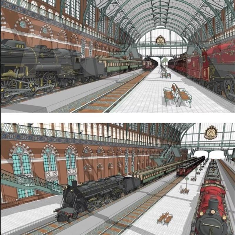 acon3d 模型 火车站蒸汽机车和各种载重器组 包含 火