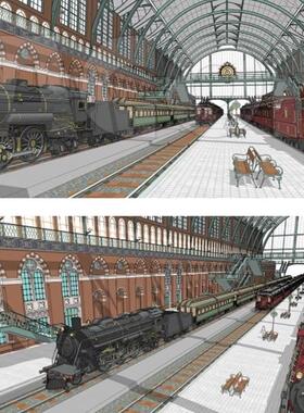 acon3d 模型 火车站蒸汽机车和各种载重器组 包含 火