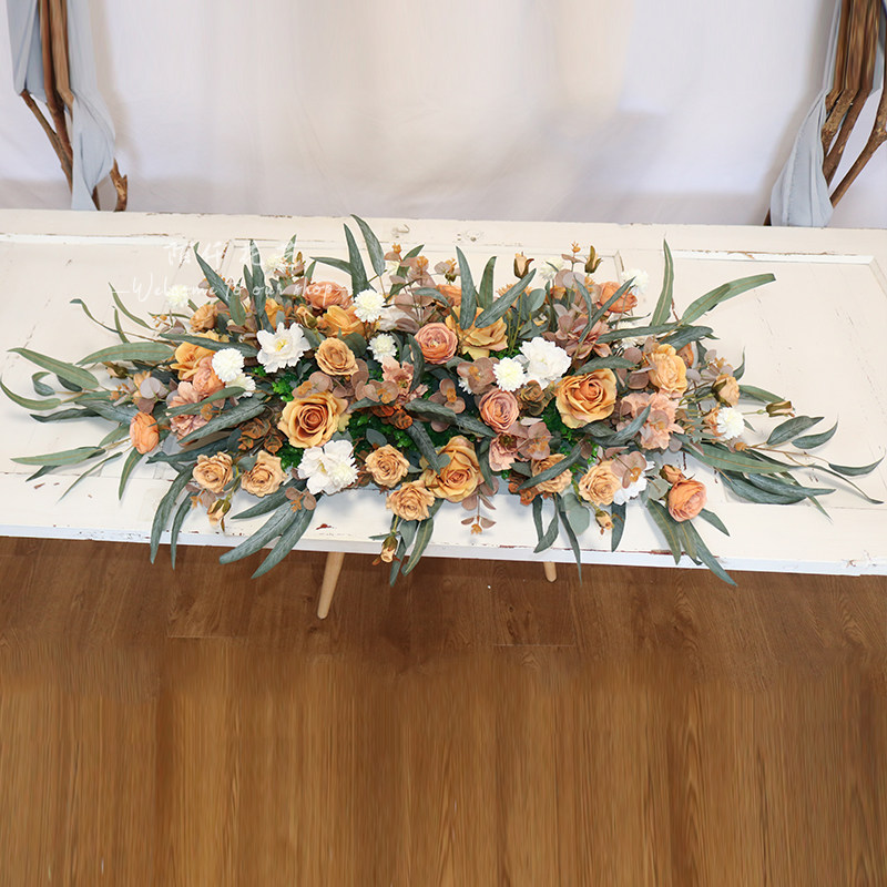 仿真复古长桌花西餐厅会议室摆台装饰婚庆绢花酒店礼堂宴会大厅