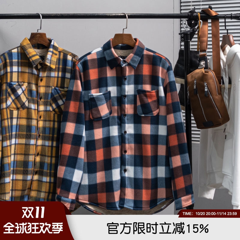 男摇粒绒加绒衬衫式外套大码衬衣