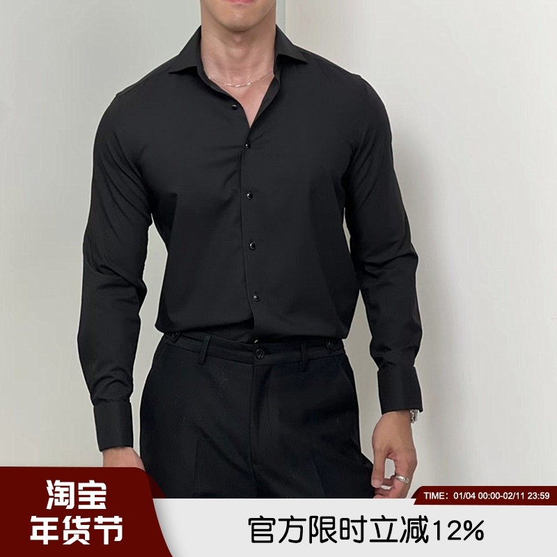 痞帅黑！柜7600！LT液氨桑蚕丝！温莎一字领男士高端长袖通勤衬衫,男装,衬衫,淘宝优惠券,粉丝福利购,淘宝优惠卷