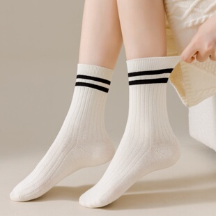潮外穿运动长筒袜 网红款 黑白条纹袜子女中筒袜春秋款 纯棉配鲨鱼裤