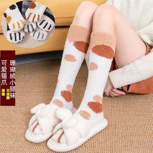 珊瑚绒小腿袜子女冬季加绒加厚保暖地板袜睡眠毛绒毛巾长筒猫爪袜