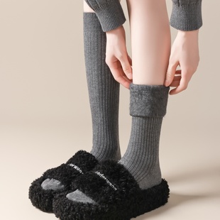 灰色小腿袜女秋冬拉绒加厚抗寒保暖竖条显瘦JK打底外穿配靴子长袜