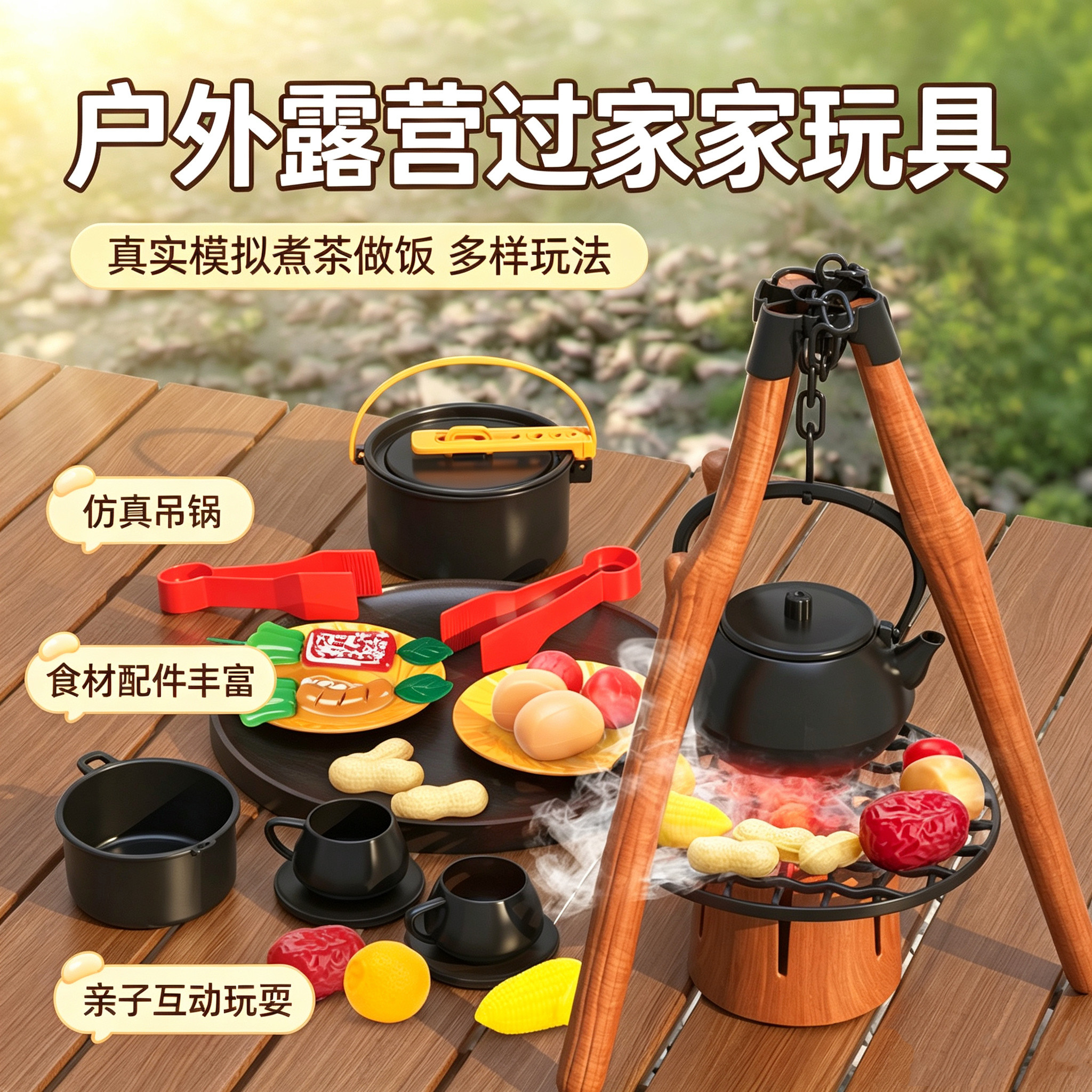 仿真围炉煮茶露营烧烤架过家家玩具户外篝火架野炊水壶厨具套装