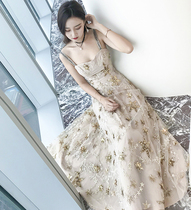 Haltzrom designer Sequin suspender dress dress female banquet lady long dress temperament annual meeting evening dress