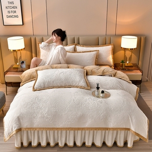 欧式 保暖加厚床单被 烂花A类5D雕花绒牛奶绒床裙四件套法莱绒冬季