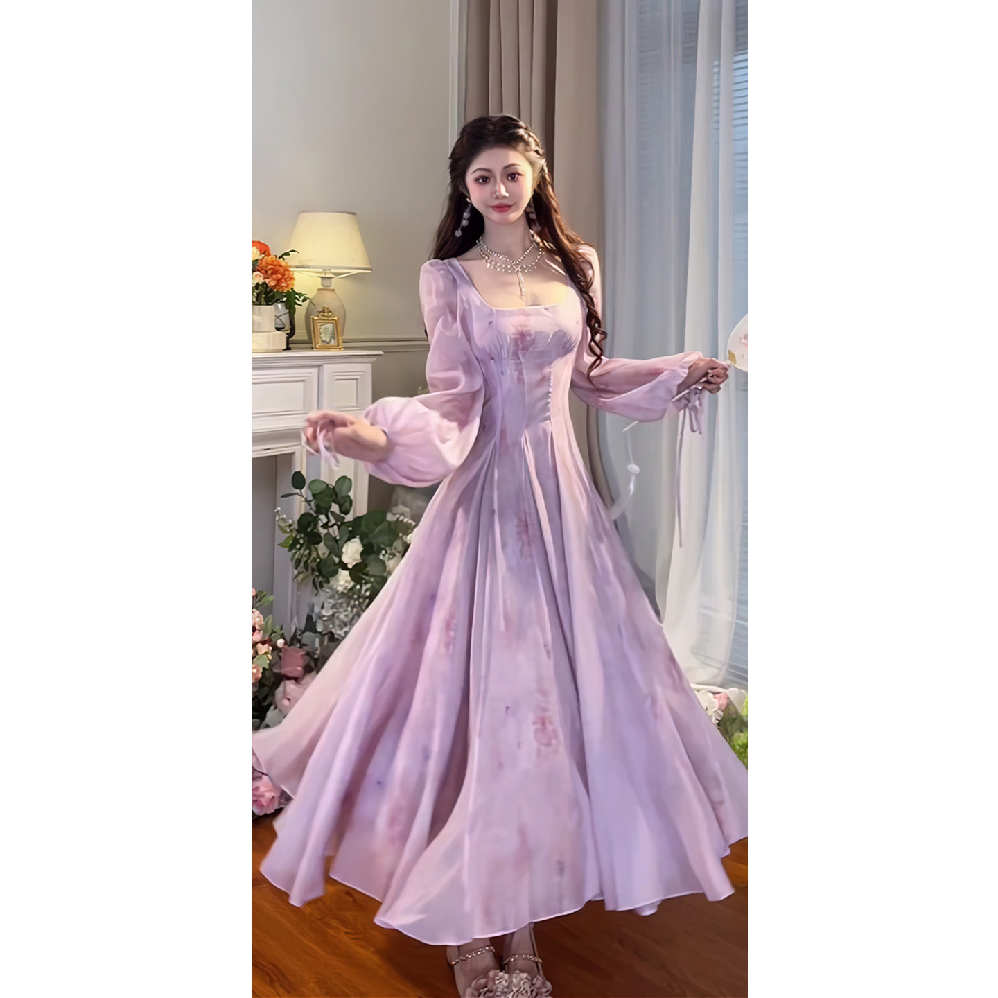 春秋新品【紫苑云霓】法式度假裙气质大裙摆紫色韵味灯笼袖连衣裙