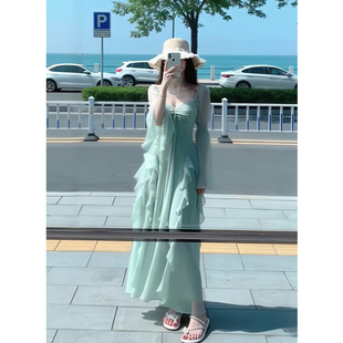 防晒度假风薄荷绿连衣裙仙女裙海边拍照气质裙 长袖 现货2色 夏季