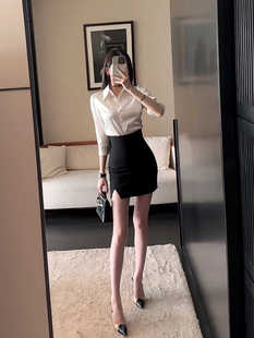 今年流行轻熟职业风套装 高腰小开衩包臀半身裙女 翻领单排扣衬衫