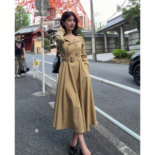 复古卡其双排扣风衣连衣裙女