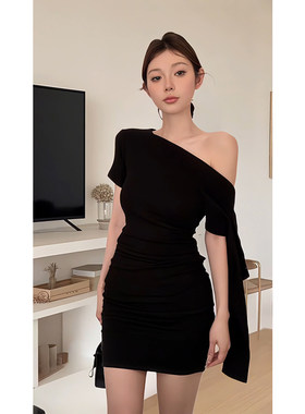 春夏名媛风宴会礼服裙飘带斜领