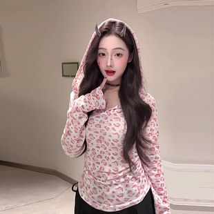 现货！【野生甜妹】春秋莱赛尔针织褶皱收腰豹纹上衣长袖连帽t恤