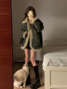 已到货!秋冬气质韩版复古港风通勤百搭宽松牛仔毛毛拼接外套夹克