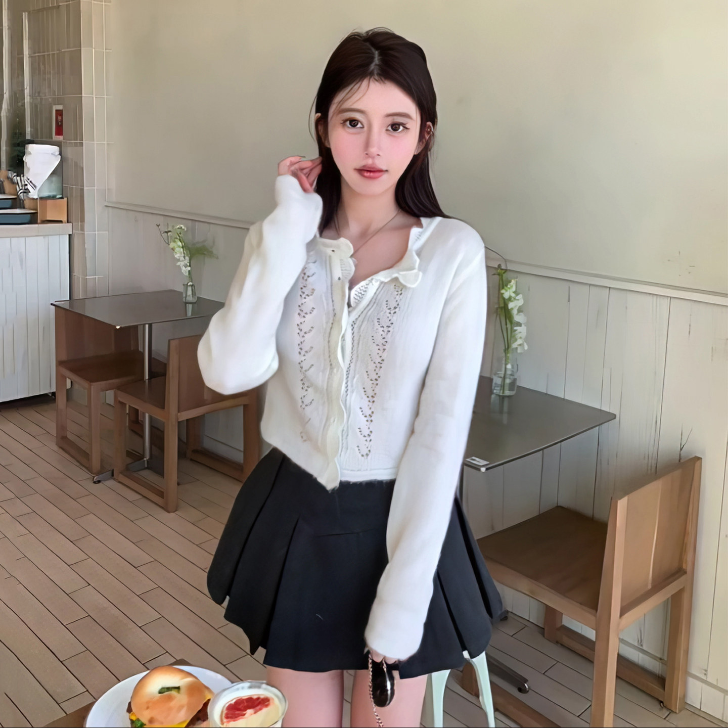 现货！【日常美女感】手工钩花针织镂空开衫花边半开领长袖上衣女,女装/女士精品,毛针织衫,淘宝优惠券,粉丝福利购,淘宝优惠卷