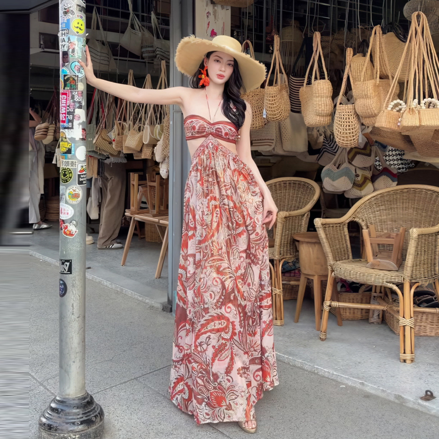 现货！【佩斯利迷情】夏季波西米亚挂脖抹胸露背连衣裙拖地长裙